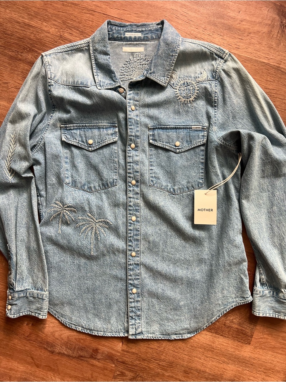 MOTHER All My Exes Denim Shirt Size XL RT $325 NWT Palm Tree Embroidery